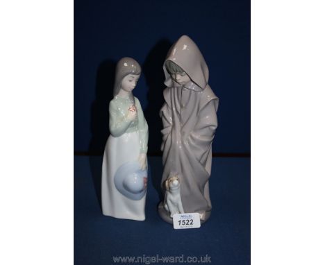 Two Nao figures of a Boy with a dog at his feet and a young Lady holding her blue hat