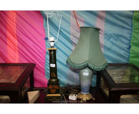 A green porcelain Lamp and shade on ormolu base together with a gold lacquered Table Lamp