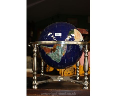 A large gemstone 18" blue Globe with semi precious stones and compass in base