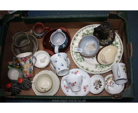 A quantity of mixed china and pottery to include Aynsley, Royal Worcester, Masons plates, a Shelley trio, pottery Candlestick