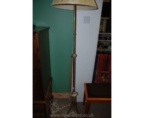 A silver plated three foot extending Standard Lamp and shade converted to 19th c. Oil Lamp Stand