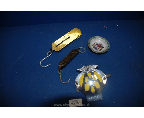An AA badge, two pocket balance scales and an enamelled copper pin dish