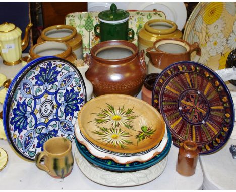 Salt Glazed and other Stoneware - storage jars, jug, percolator, bread plate; continental decorative plates