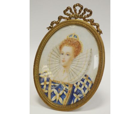 A well executed portrait miniature of a young Elizabeth I in decorative ribbOn tied gilt metal oval frame 