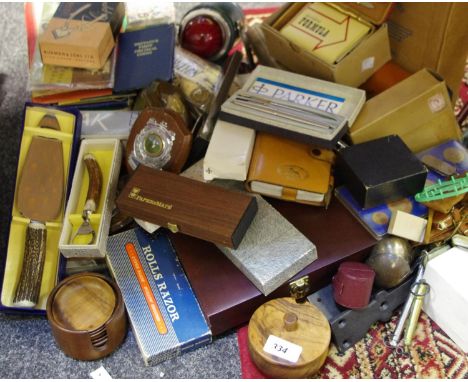 Boxes &amp; Objects - Parker pens; cigarette lighters including Ronson table lighter, etc; thermometers, playing cards, roule