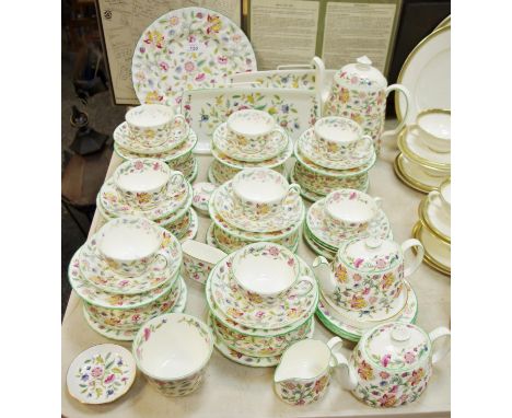 A Minton Haddon Hall pattern part tea/coffee service comprising coffee pot, two bachelor teapots, milk jug, sugar bowl, fifte
