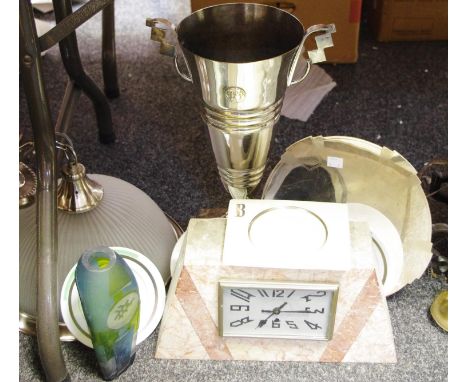 An Art Deco marble mantel clock; an Art Deco two handled trophy cup; a Shelley plate; an Art Deco EPNS salver; etc