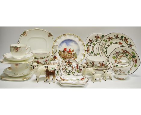 Crown Staffordshire Hunting Scene trinket pot and cover, ginger jar and cover, trinket tray, spill vase,etc; Beswick ewe and 