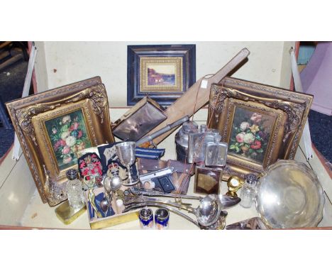 Boxes &amp; Objects - Military patches; cap gun; pewter hipflask; a pair of silver spoons; hunting print,framed; etc 