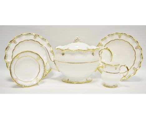 A Royal Crown Derby Lombardy pattern including a tea pot, 2nd quality; cream jug, 2nd quality; two wavy edged 20cm plates, 2n