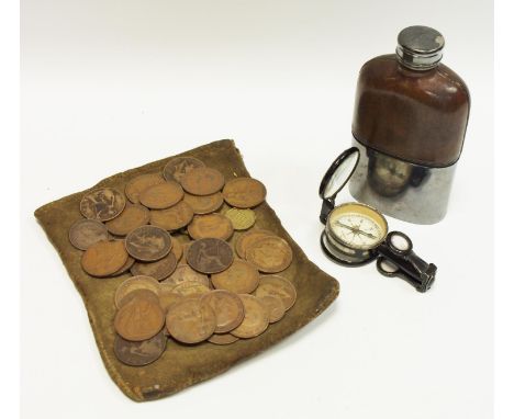 A G &amp; J.W Hawksley leather mounted pewter and glass hip flask; a military marching compass; Victorian and later pennies