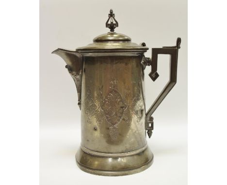 An A J Stimpson pewter patent double wall pitcher, hinged lid, chased decoration, stamped to base A J Stimpson 1854