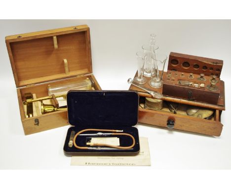 Scientific instruments including an early 20th century brass Chondrometer, cased; a Carl Zeiss, Jena Haemocytometer, instruct