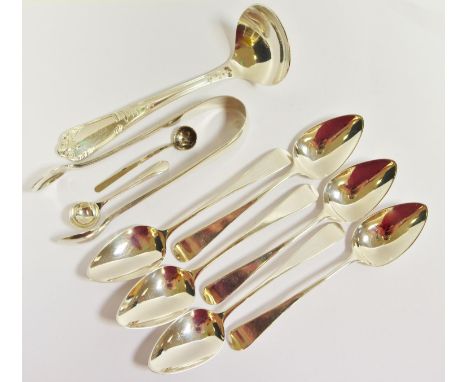 Six George III silver English teaspoons, Peter, Ann &amp; William Bateman, London, 1804, 50.8g; a small silver ladle, Carrs o