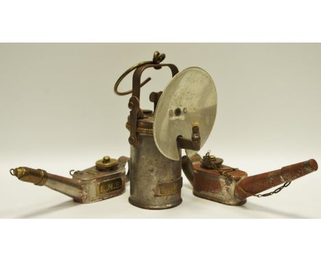 A LMS Inspectors 'The Premier Lamp' carbide inspectors lamp, brass plaque to rear stamped 16 matching numbered paraffin can, 
