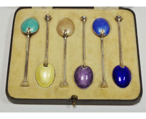 A cased set of six coloured Guilloché enamel teaspoons by Henry Clifford Davis dated 1936 
