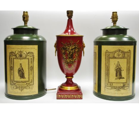 Interior Design - A pair of Woolpit Interiors of Suffolk lamp bases with English monarch decorated panels on large canisters;