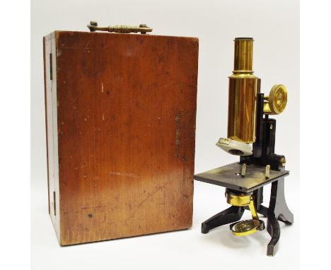 An early 20th century J. Swift &amp; Son brass &amp; black enamel Compound Microscope, London, with U base marked J. Swift &a