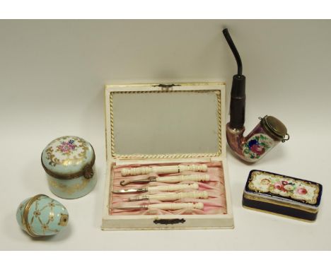 A late Victorian cased lady's sewing set, turned bone handles including bodkin case, button hook, knife etc.; a Staffordshire