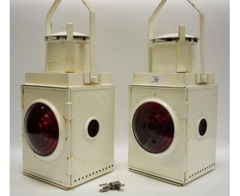  BR Railway white oil tail lamp complete with burner - embossed in relief with BR; another (2) 