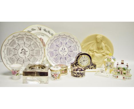 Decorative Ceramics &amp; Glass - a Wedgwood clock; trinket pot and covers; Coalport cottages; cricket plates; glassware; rec