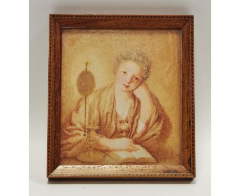A 19th century portrait miniature in sepia hues of an elegant lady at leisure, Tunbridge ware frame c.1820