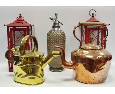 A pair of decorative candle lanterns; Sparklets Co. London soda syhpon; Victorian copper kettle with acorn finial;etc 
