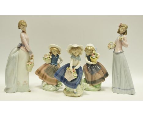 Lladro - Five examples including Basket of Love 7622,boxed; Innocence in Bloom,boxed; three smaller including "Sweet Scent", 