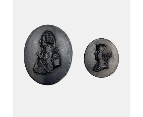 A Wedgwood black basalt oval portrait medallion of Edward IV, early 19th century, height 6cm, together with a black basalt pl