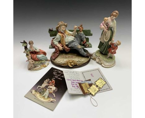 Three Capodimonte Bruno Merli figure groups comprising one depicting a tramp on bench feeding a squirrel, another depicting a