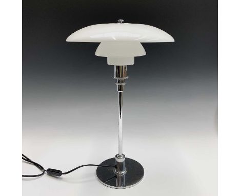 A Poul Henningsen for Louis Poulsen PH 3/2 chrome table lamp with three opaque glass shades. Height 45.5cm.Condition report: 