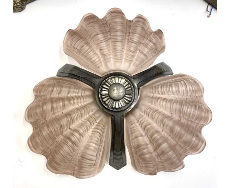 An Art Deco period three-piece light garniture, pink glass and metal, comprising triple shell pendant centre light fitting, a