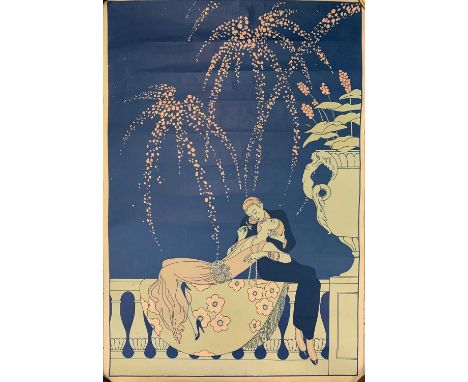Monochrome etching of a town scene, calendar with etching, a 1920s art deco Erte style art poster.(3).Condition report: Size 