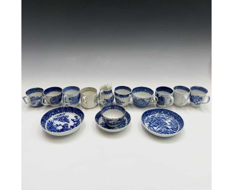Fourteen various cups, saucers and a jug, early Cambrian pottery, mostly blue printed in various patterns including Precariou