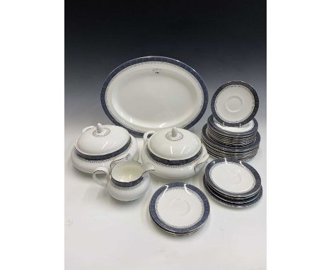 An extensive Royal Doulton 'Sherbrooke' pattern dinner and tea service, comprising meat plate, two lidded tureens, sauce boat