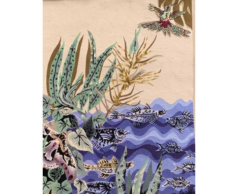 A Jean Lurcat (1822-1966) Aubusson Tapestry, signed lower right and on label to reverse, entitled 'Petit Tropic', depicting f