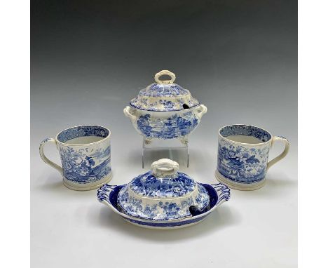 Two blue and white transfer printed mugs circa 1830, a late 19th/early 20th century Mintons 'Genevese' tureen and cover, plus