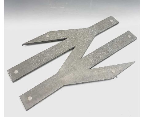 Railwayana - A British Rail cast metal double arrow logo sign. 42.5cm x 70cm.
