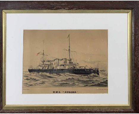 A needlework panel, a lithograph of the gunship HMS Aurora and a Baxter print The Gardener's Shed