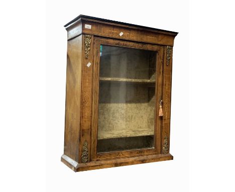 A Victorian inlaid walnut side cabinet, with a single glazed door flanked by gilt metal mounts, on a plinth base, height 91.5