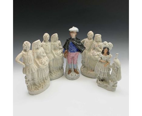 Two Staffordshire portrait figures and three portrait groups. Height 32cm diminishing (5). 