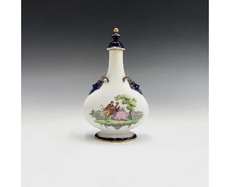 A Royal Worcester pilgrim flask and cover, with horned man side handles and painted Watteauesque scene, printed marks and ret