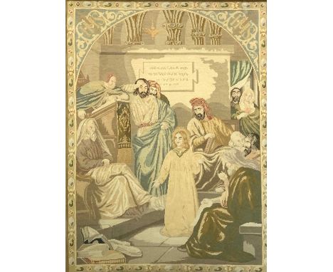 A Victorian woolwork picture depicting a scene from the Old Testament, in gilt frame. Overall size 104.5cm x 82.5cm.Condition