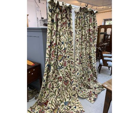 Crewel work curtains, interlined, with cream cotton lining. 244x120cm, 14cm deep hem.Condition report: The wools are bright a
