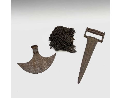 An Indian iron katar push dagger, with fullered blade, length 26cm, together with a half round axe head and a section of chai
