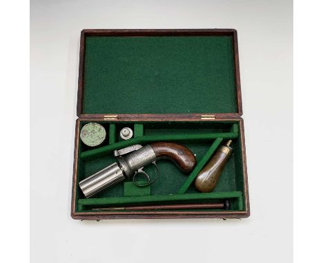 A mid 19th century pepper box six shot percussion revolver, by Dodson, Louth, with rotating 6.5cm barrel, with engraved side 