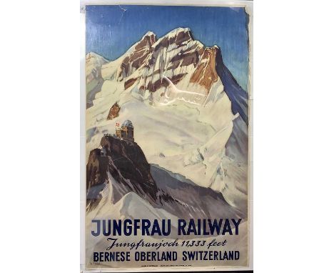 Original Swiss travel poster for the Jungfrau Railway, one of the highest railways in Europe. Ernst Hodel (1881-1955), lithog
