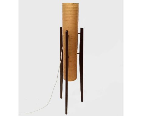 A 1970s teak "Rocket" floor standing lamp, with orange fibreglass cylindrical shade on three feet. Height 94cm.Condition repo