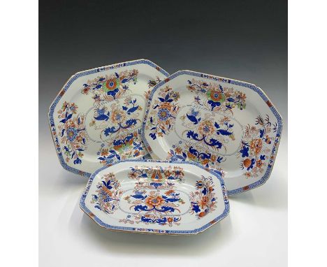 A pair of Spode ironstone Japan pattern meat plates. Width 43cm, and one other smaller (3).