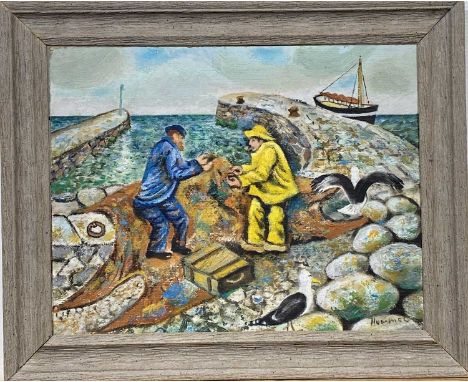 HUMMEL (20th Century) Fishermen in the Harbour Oil on board Signed 23 x 29.5cmCondition report: Framed size: 30 x 36.5cm